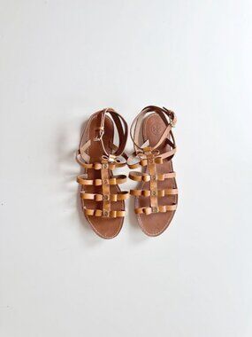 TORY BURCH Kira Brown Leather Bow Logo Medallion Gladiator Sandals, Size 8.5
